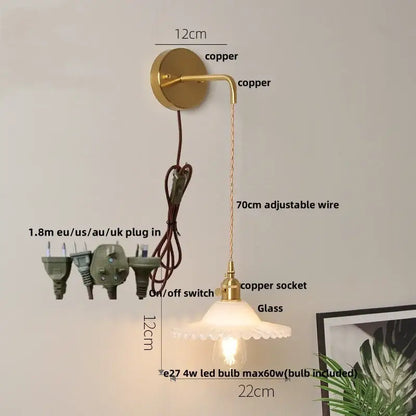 Vintage stained glass wall lamp bedroom brass light with pull chain
