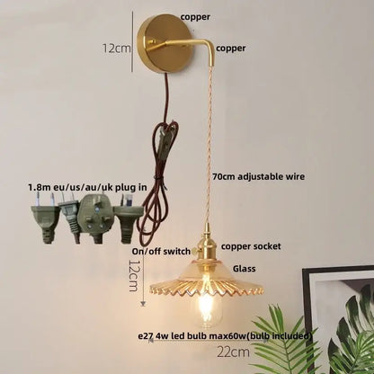 Vintage stained glass wall lamp bedroom brass light with pull chain