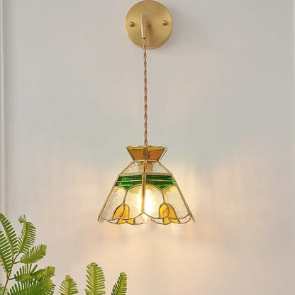 Vintage stained glass wall lamp bedroom brass light with pull chain