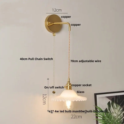 Vintage stained glass wall lamp bedroom brass light with pull chain