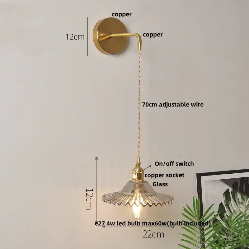 Vintage stained glass wall lamp bedroom brass light with pull chain