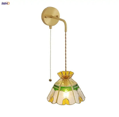 Vintage stained glass wall lamp bedroom brass light with pull chain