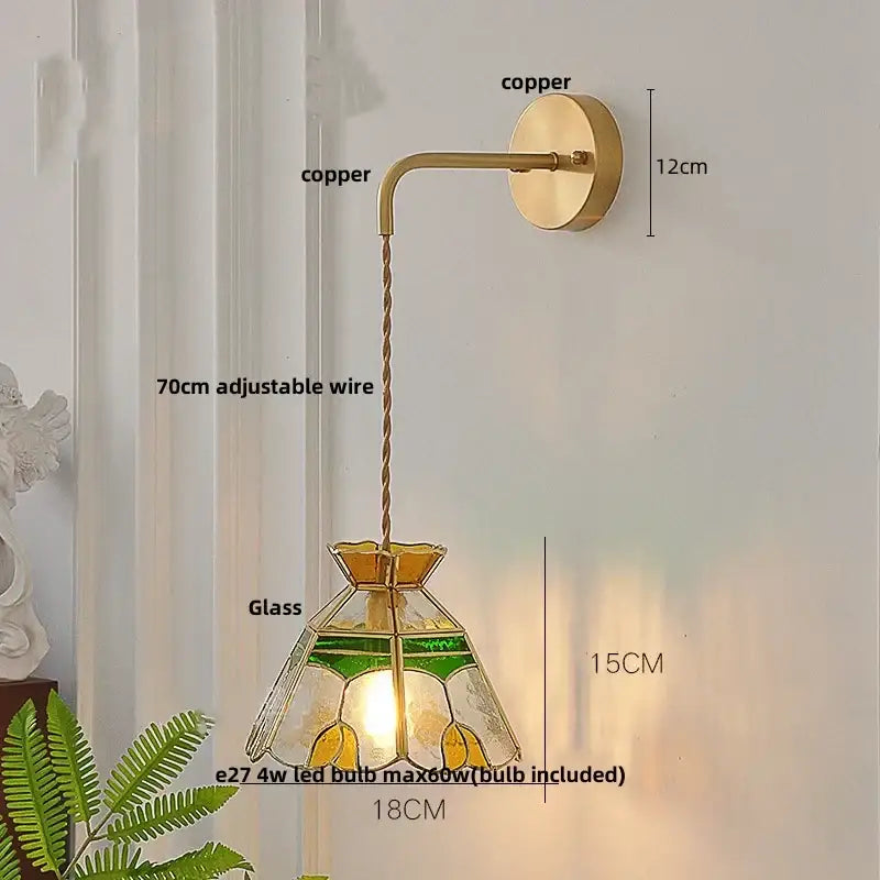 Vintage stained glass wall lamp bedroom brass light with pull chain