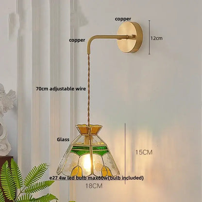 Vintage stained glass wall lamp bedroom brass light with pull chain