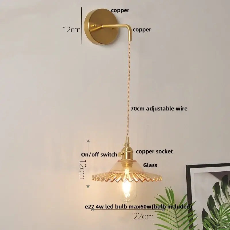 Vintage stained glass wall lamp bedroom brass light with pull chain
