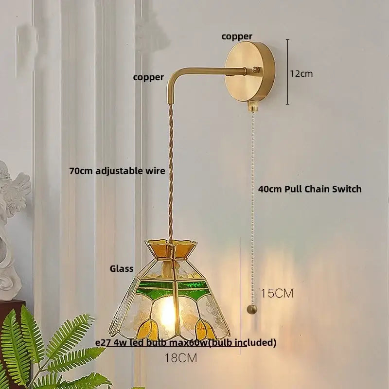 Vintage stained glass wall lamp bedroom brass light with pull chain