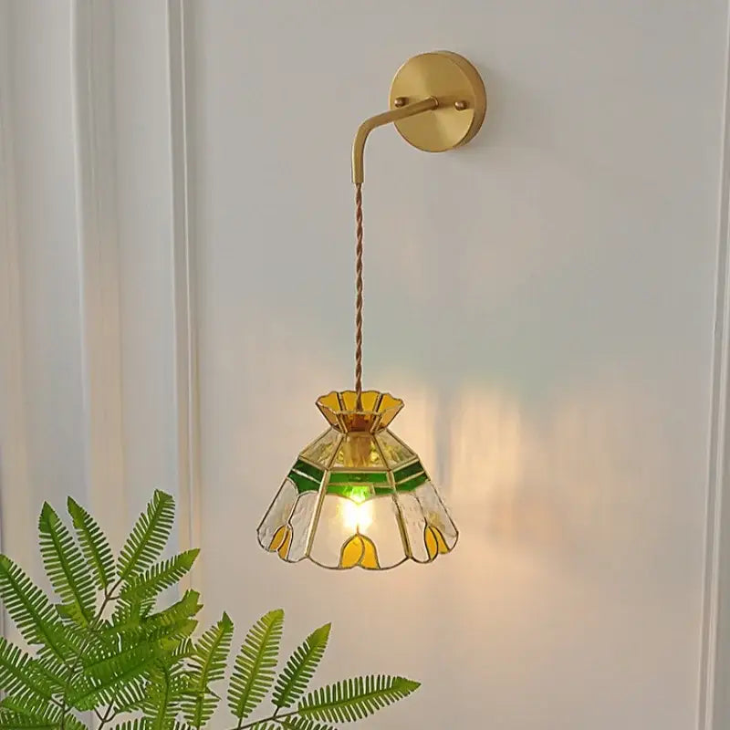 Vintage stained glass wall lamp bedroom brass light with pull chain
