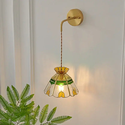 Vintage stained glass wall lamp bedroom brass light with pull chain