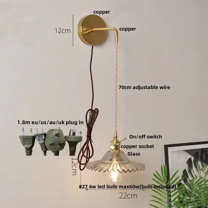 Vintage stained glass wall lamp bedroom brass light with pull chain