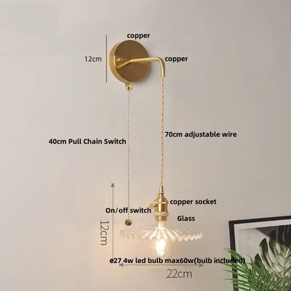 Vintage stained glass wall lamp bedroom brass light with pull chain