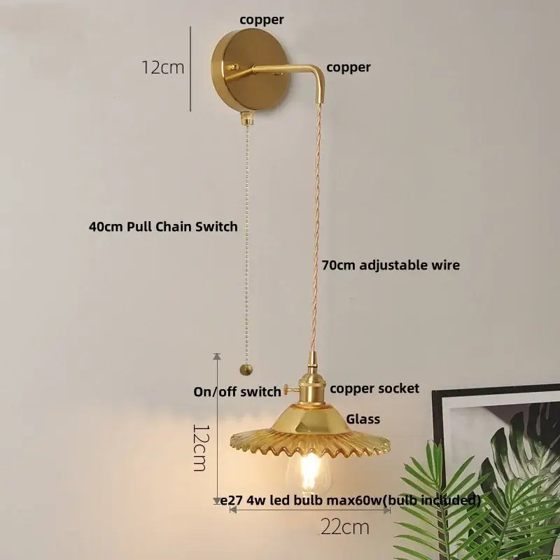 Vintage stained glass wall lamp bedroom brass light with pull chain