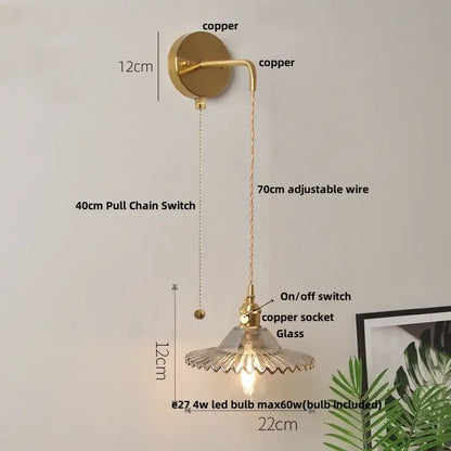 Vintage stained glass wall lamp bedroom brass light with pull chain