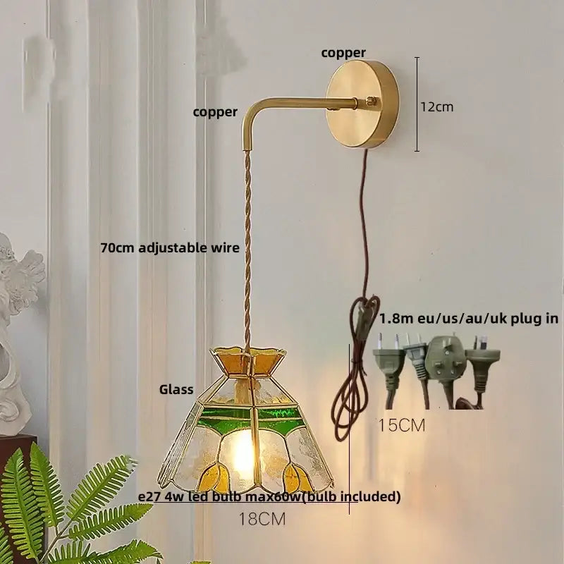 Vintage stained glass wall lamp bedroom brass light with pull chain