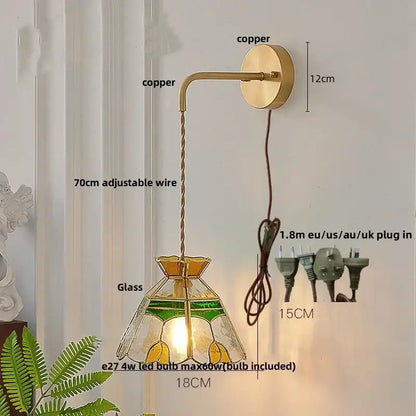 Vintage stained glass wall lamp bedroom brass light with pull chain