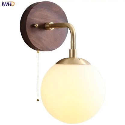 Modern walnut and brass glass wall light fixture bedroom sconce