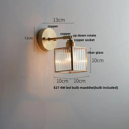 Antique brass glass wall light bedroom sconce with textured shade