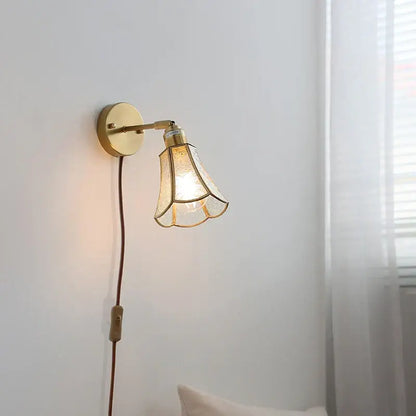 Antique brass glass wall light bedroom sconce with textured shade