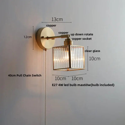 Antique brass glass wall light bedroom sconce with textured shade