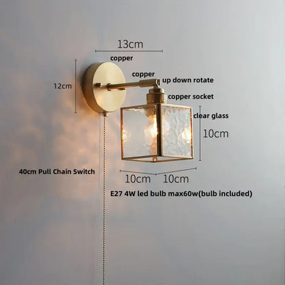 Antique brass glass wall light bedroom sconce with textured shade