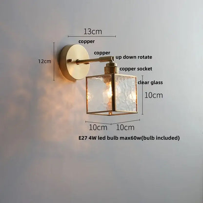 Antique brass glass wall light bedroom sconce with textured shade