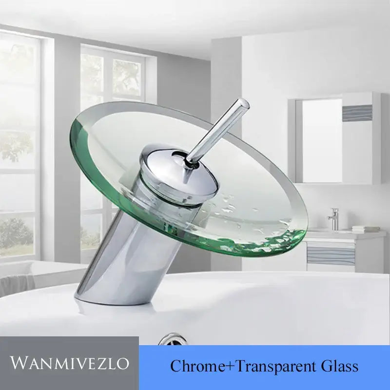 Modern chrome and green glass waterfall basin sink faucet bathroom