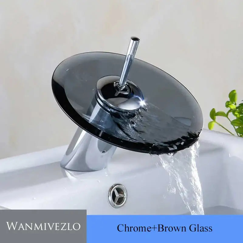 Modern chrome and green glass waterfall basin sink faucet bathroom