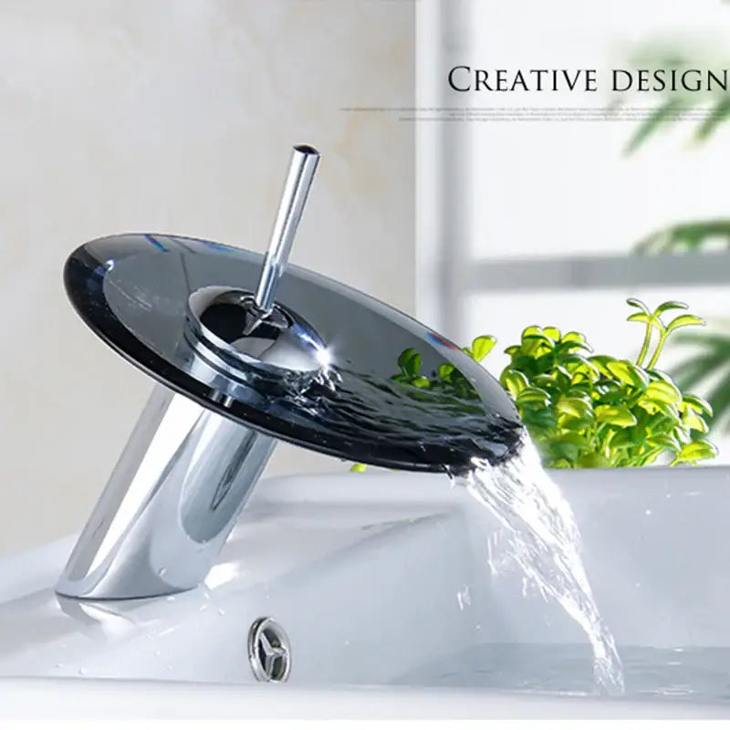 Modern chrome and green glass waterfall basin sink faucet bathroom