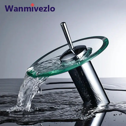 Modern chrome and green glass waterfall basin sink faucet bathroom