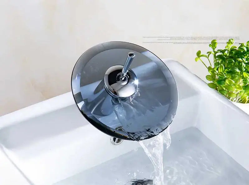Modern chrome and green glass waterfall basin sink faucet bathroom