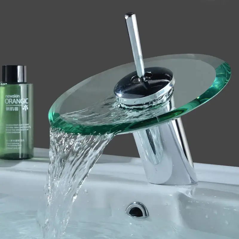 Modern chrome and green glass waterfall basin sink faucet bathroom