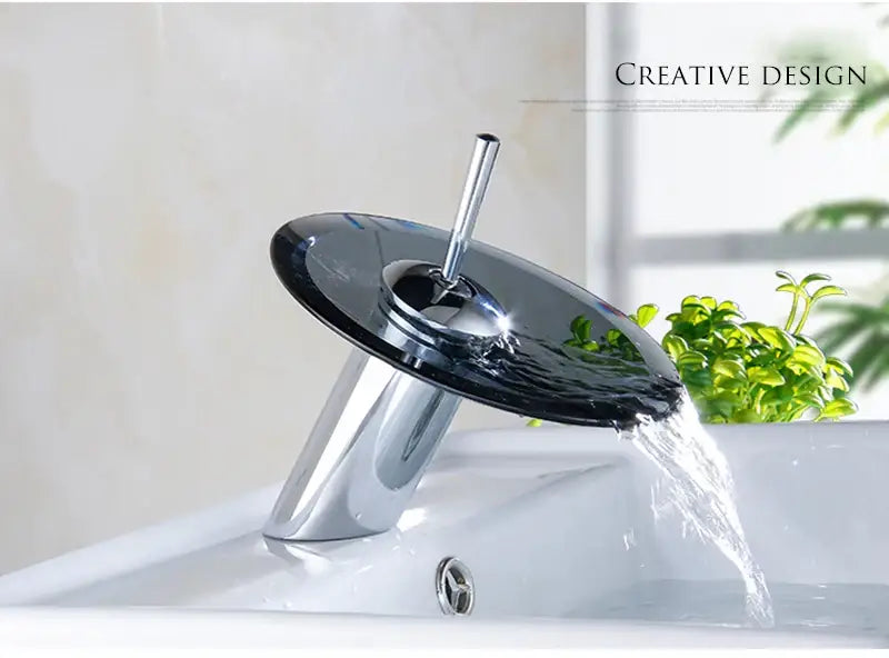 Modern chrome and green glass waterfall basin sink faucet bathroom