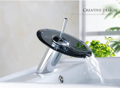 Modern chrome and green glass waterfall basin sink faucet bathroom