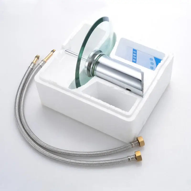 Modern chrome and green glass waterfall basin sink faucet bathroom