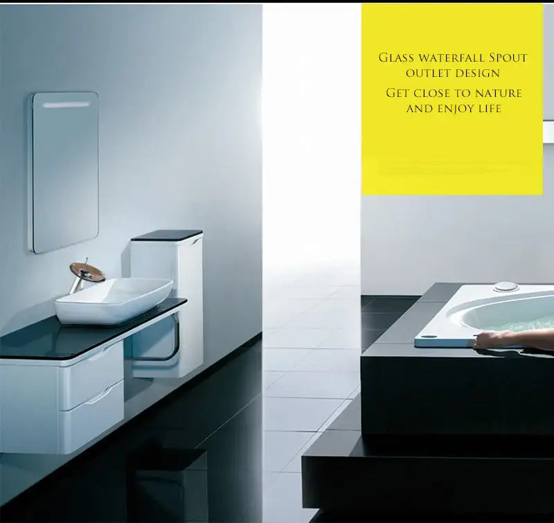 Modern chrome and green glass waterfall basin sink faucet bathroom