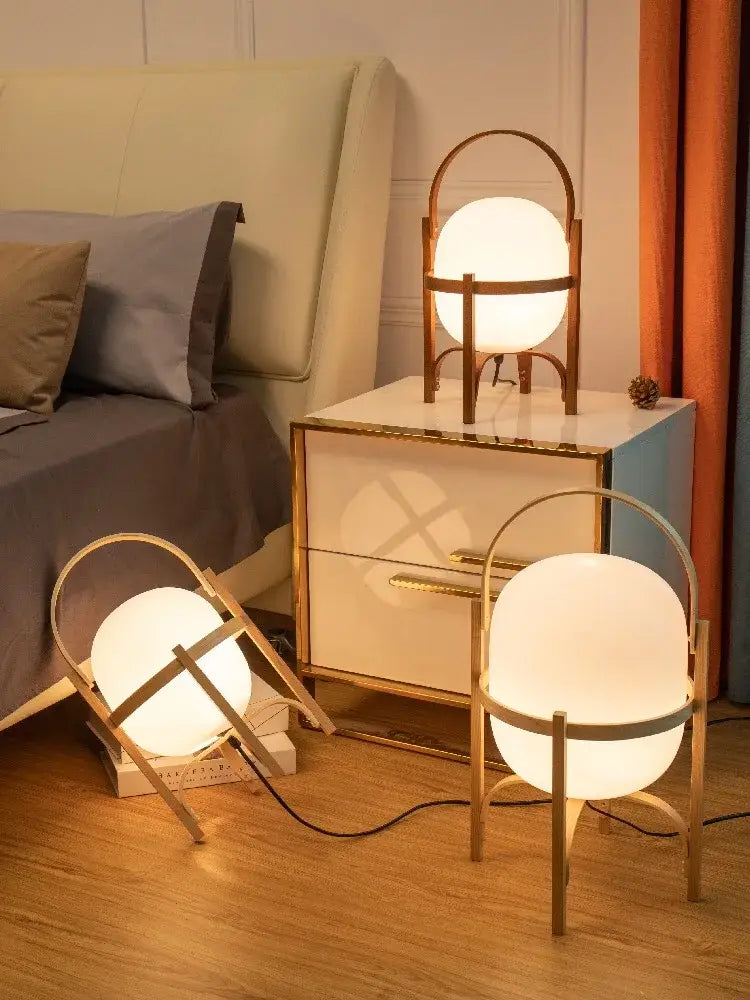 Japanese minimalist wood metal table lamp bedroom spherical light