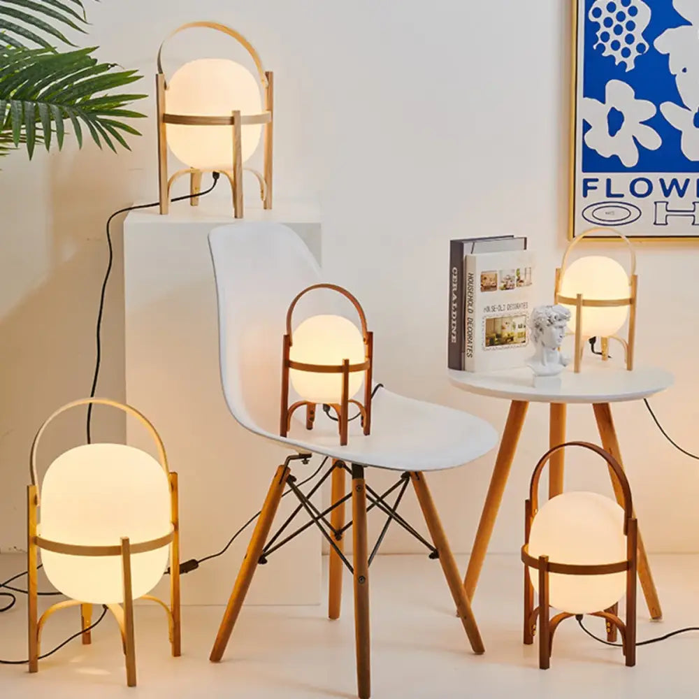 Japanese minimalist wood metal table lamp bedroom spherical light