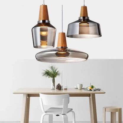 Modern smoked gray wood pendant light set of 3 dining room