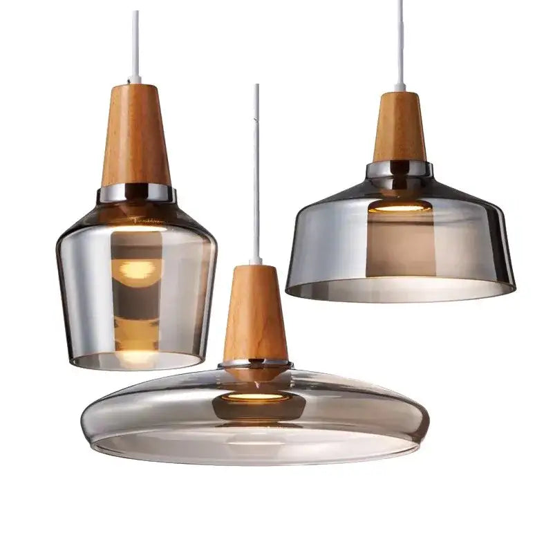 Modern smoked gray wood pendant light set of 3 dining room