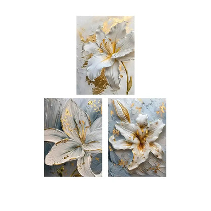 Abstract white & gold flower canvas wall art living room 3 panel decor