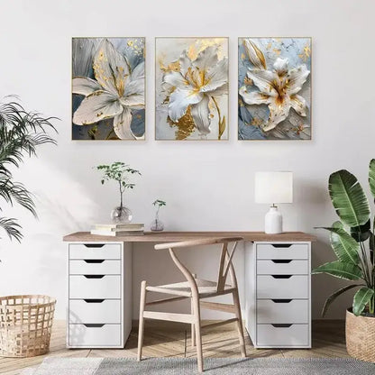 Abstract white & gold flower canvas wall art living room 3 panel decor