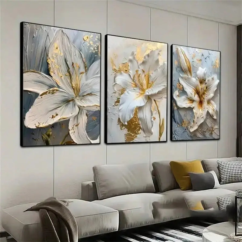 Abstract white & gold flower canvas wall art living room 3 panel decor
