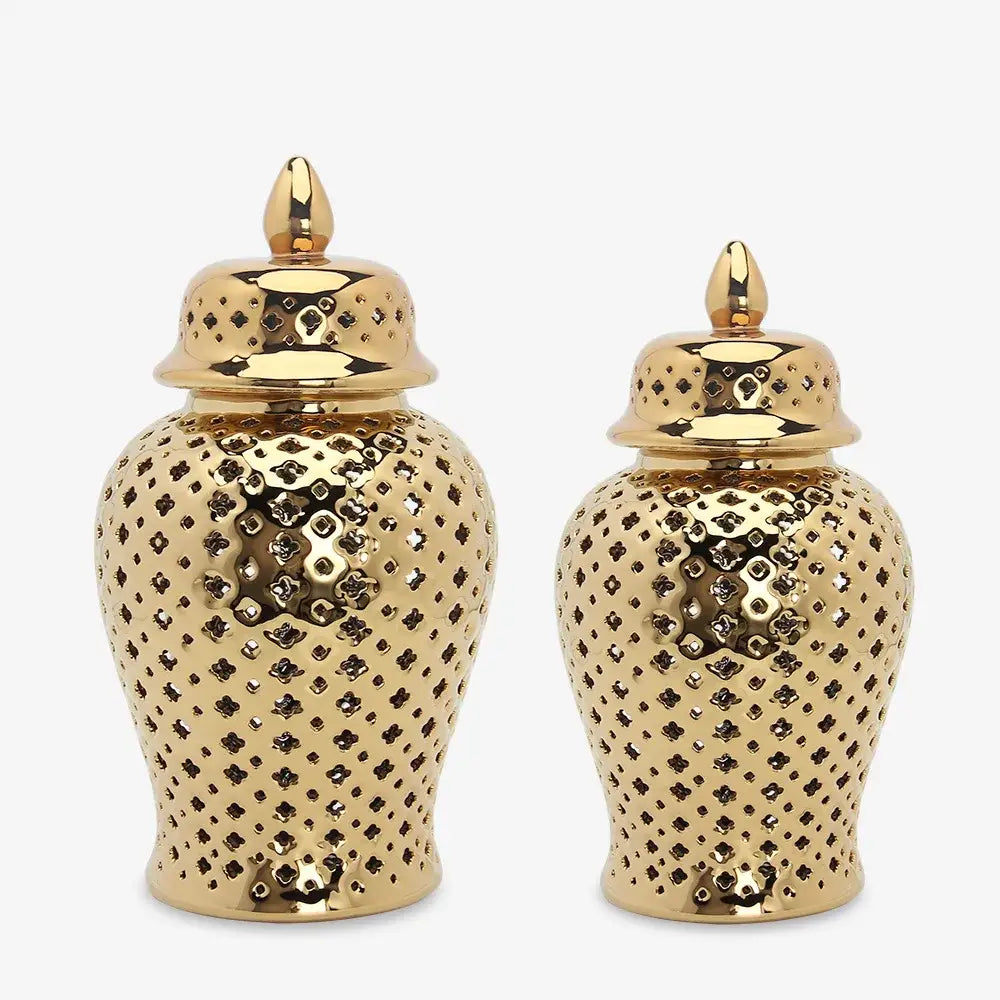 Gold ceramic carved temple jar living room decor