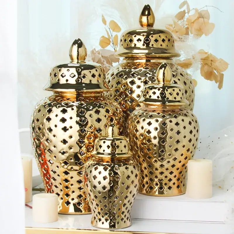 Gold ceramic carved temple jar living room decor
