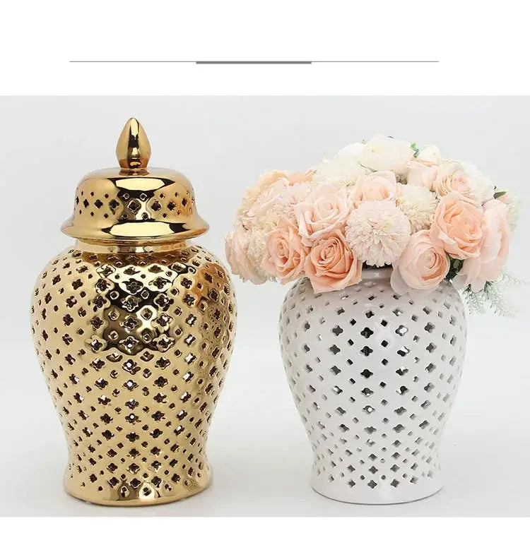 Gold ceramic carved temple jar living room decor