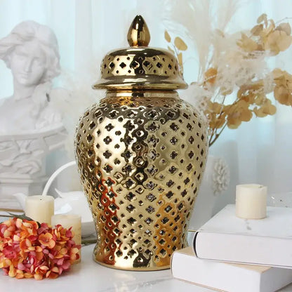 Gold ceramic carved temple jar living room decor