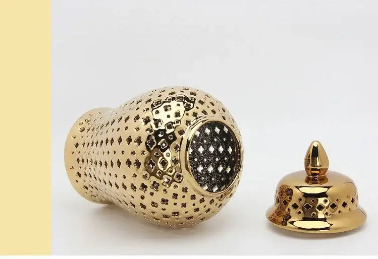 Gold ceramic carved temple jar living room decor