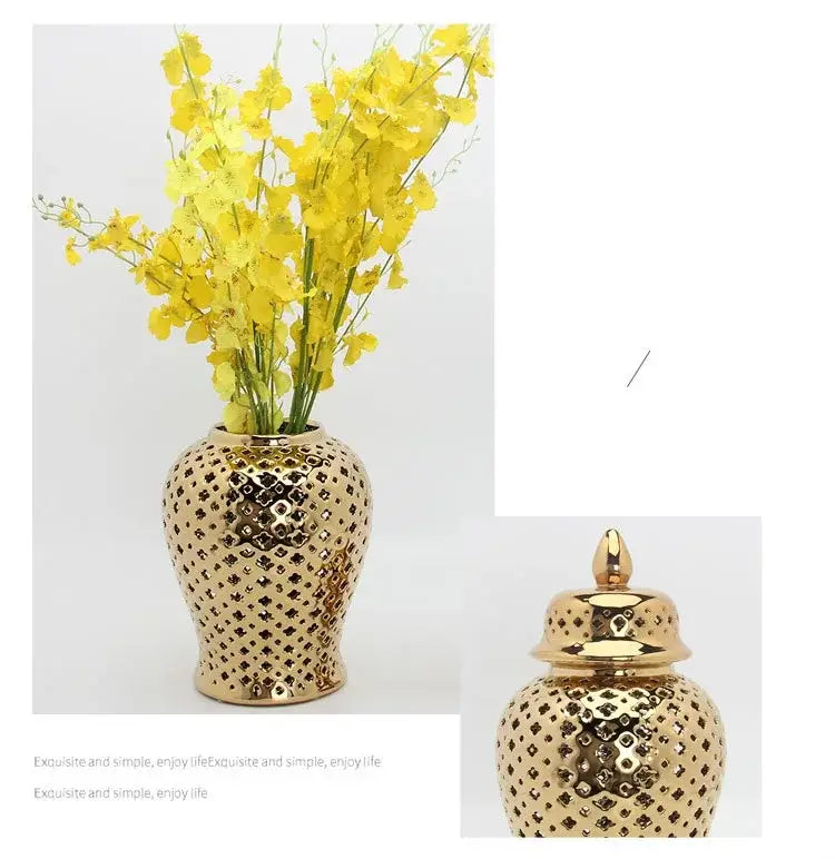 Gold ceramic carved temple jar living room decor