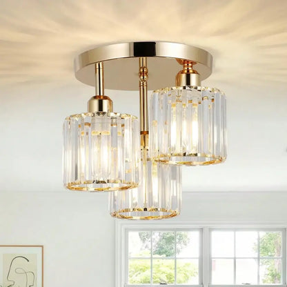 Gold crystal three light semi mount ceiling light bedroom