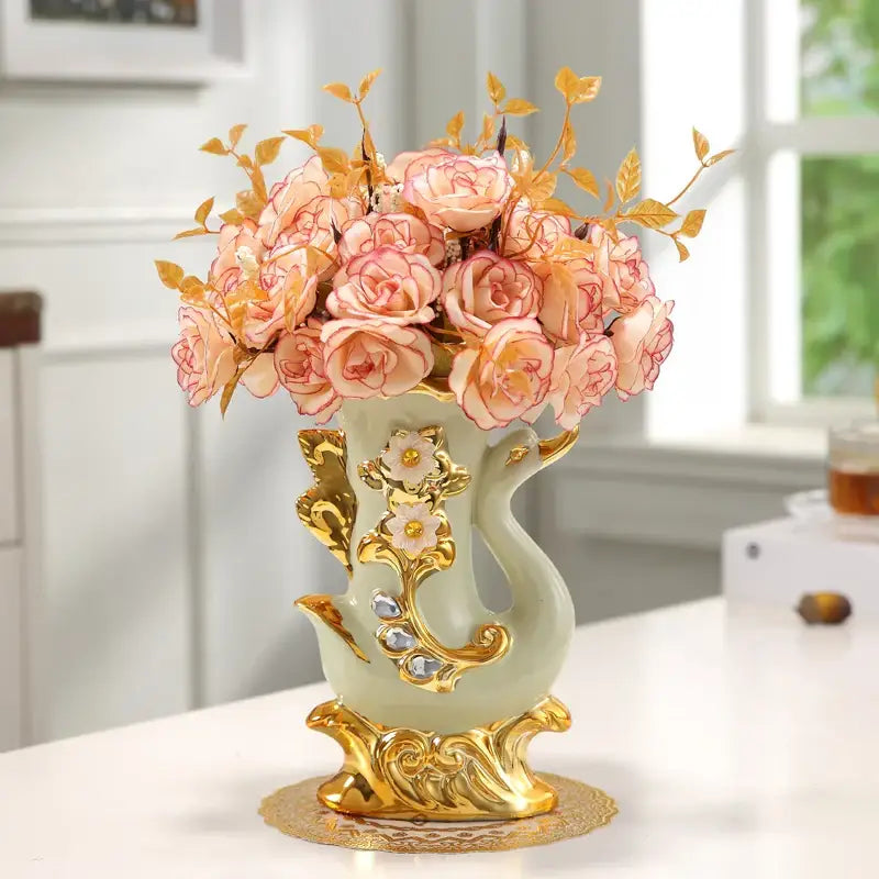 Elegant cream and gold elephant glass vase living room decor