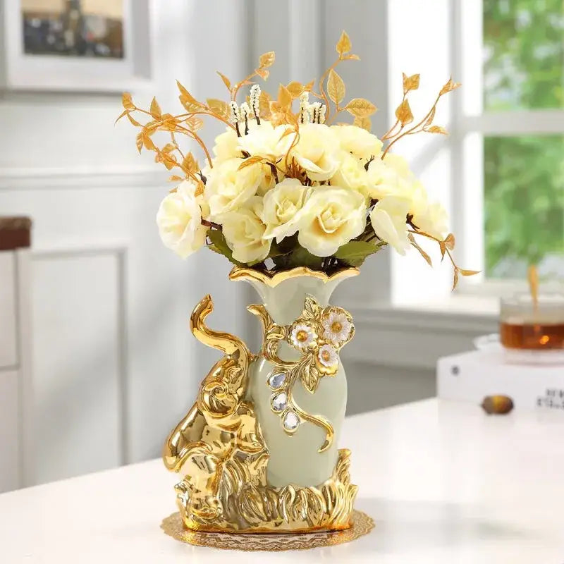 Elegant cream and gold elephant glass vase living room decor